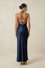Halter Satin Sheath Midi Bridesmaid Dress in Dark Navy