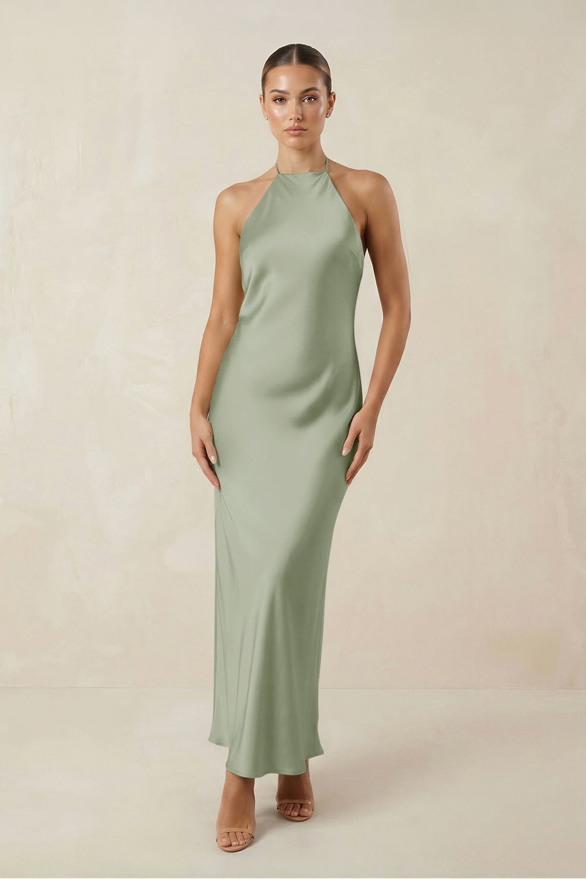 Halter Satin Sheath Midi Bridesmaid Dress in Dove Gray