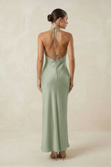 Halter Satin Sheath Midi Bridesmaid Dress in Dove Gray