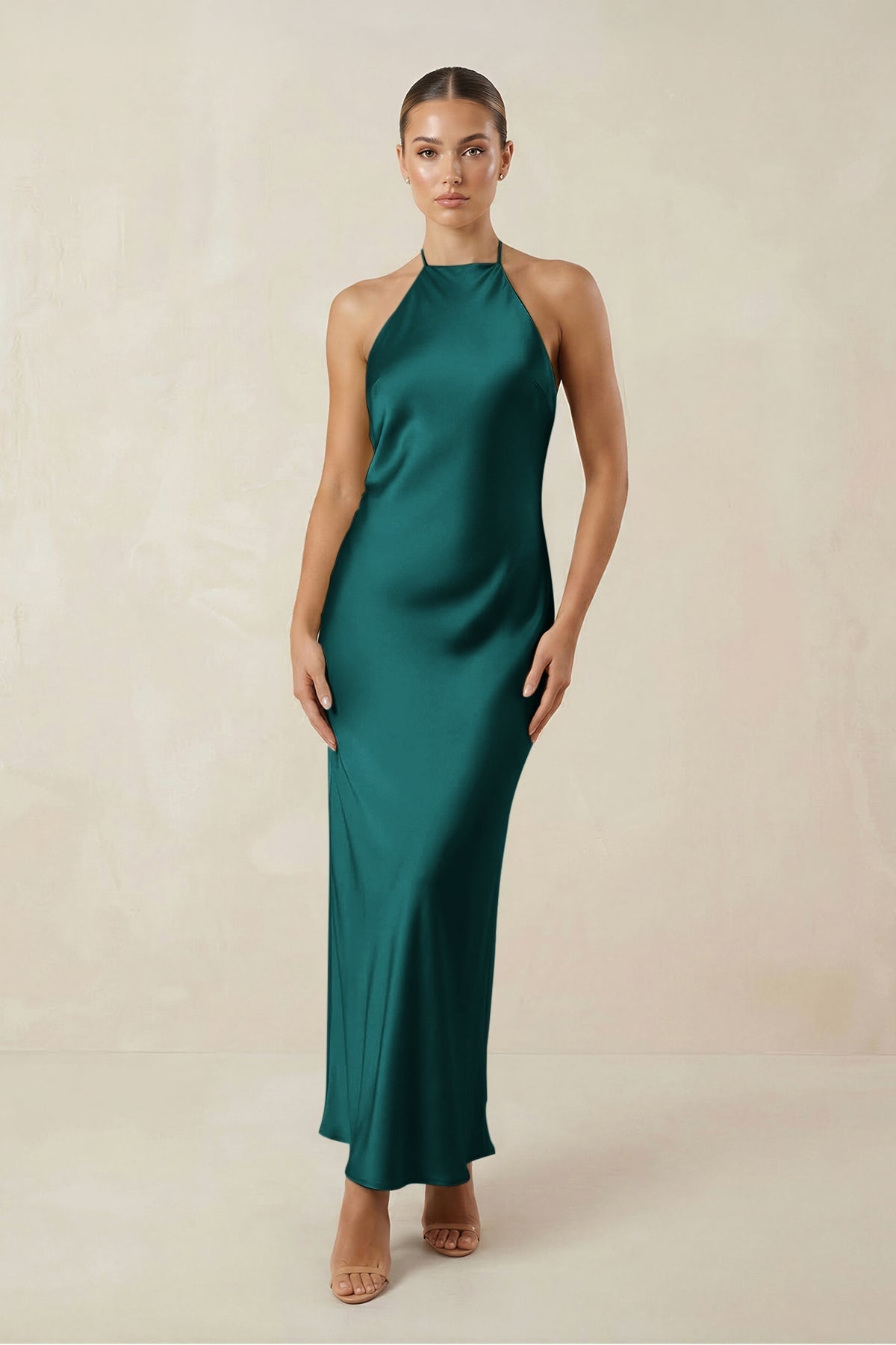 Halter Satin Sheath Midi Bridesmaid Dress in Emerald