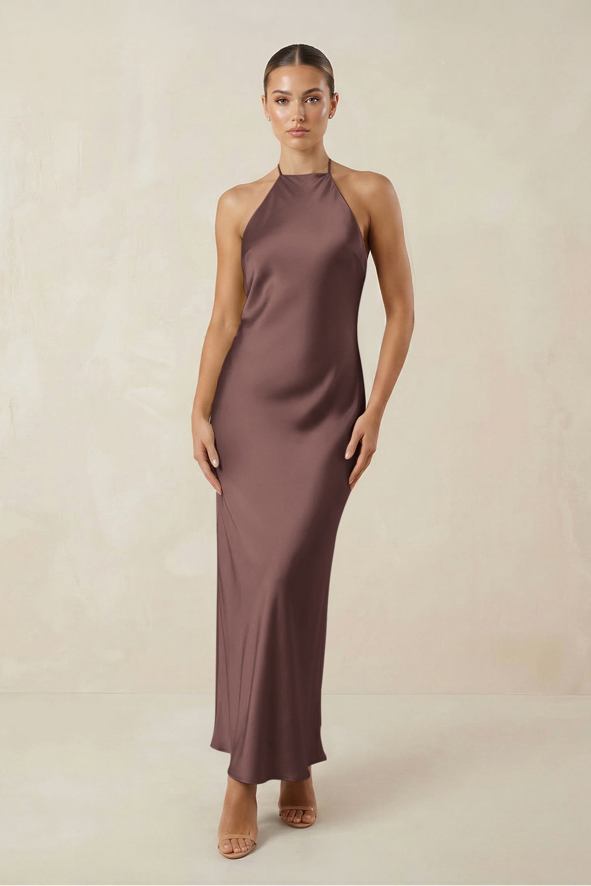 Halter Satin Sheath Midi Bridesmaid Dress in Espresso