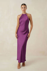 Halter Satin Sheath Midi Bridesmaid Dress in Fig
