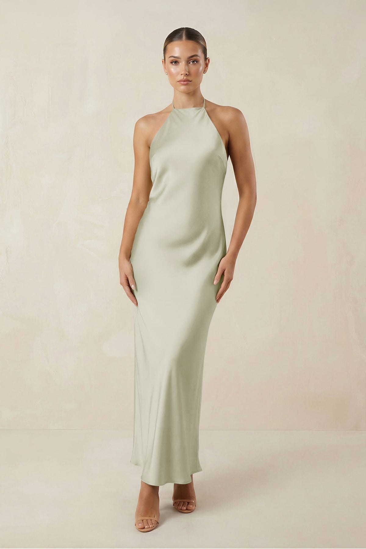 Halter Satin Sheath Midi Bridesmaid Dress in Frost