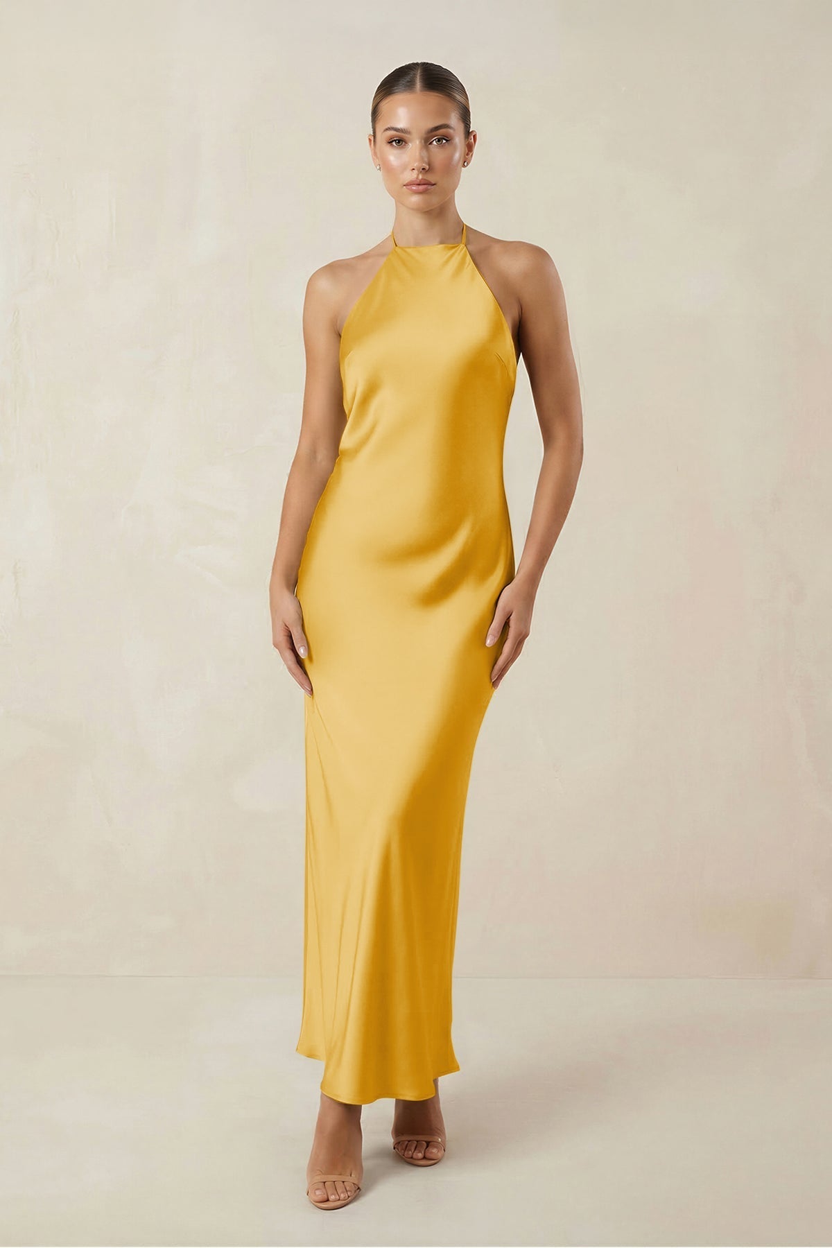 Halter Satin Sheath Midi Bridesmaid Dress in Gold