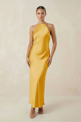 Halter Satin Sheath Midi Bridesmaid Dress in Gold