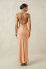Halter Satin Sheath Midi Bridesmaid Dress in Golden Champagne
