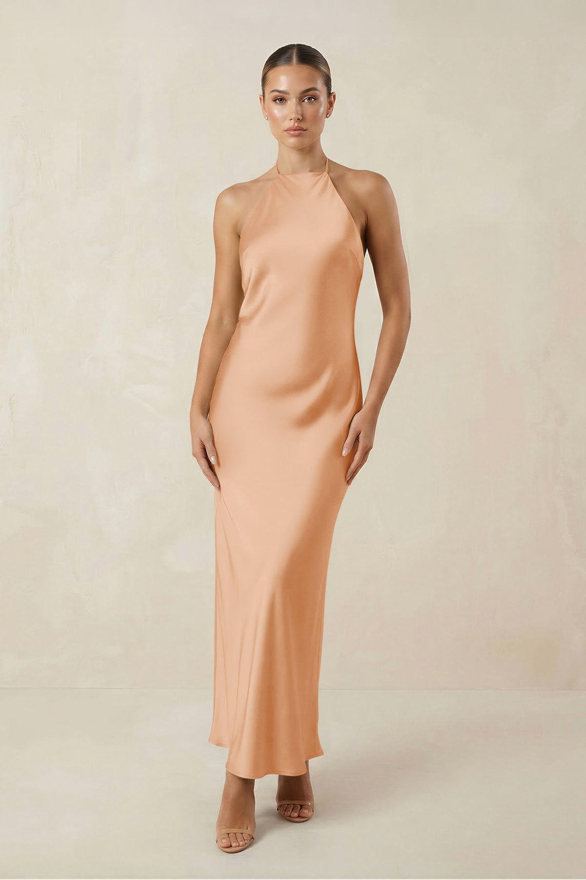 Halter Satin Sheath Midi Bridesmaid Dress in Golden Champagne