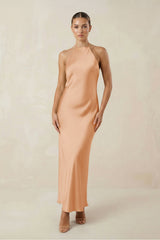 Halter Satin Sheath Midi Bridesmaid Dress in Golden Champagne