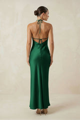 Halter Satin Sheath Midi Bridesmaid Dress in Green
