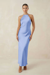 Halter Satin Sheath Midi Bridesmaid Dress in Ice
