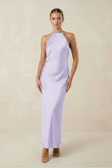 Halter Satin Sheath Midi Bridesmaid Dress in Lavender