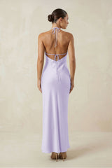 Halter Satin Sheath Midi Bridesmaid Dress in Lavender