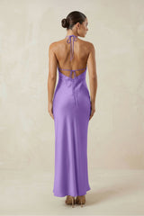 Halter Satin Sheath Midi Bridesmaid Dress in Lilac
