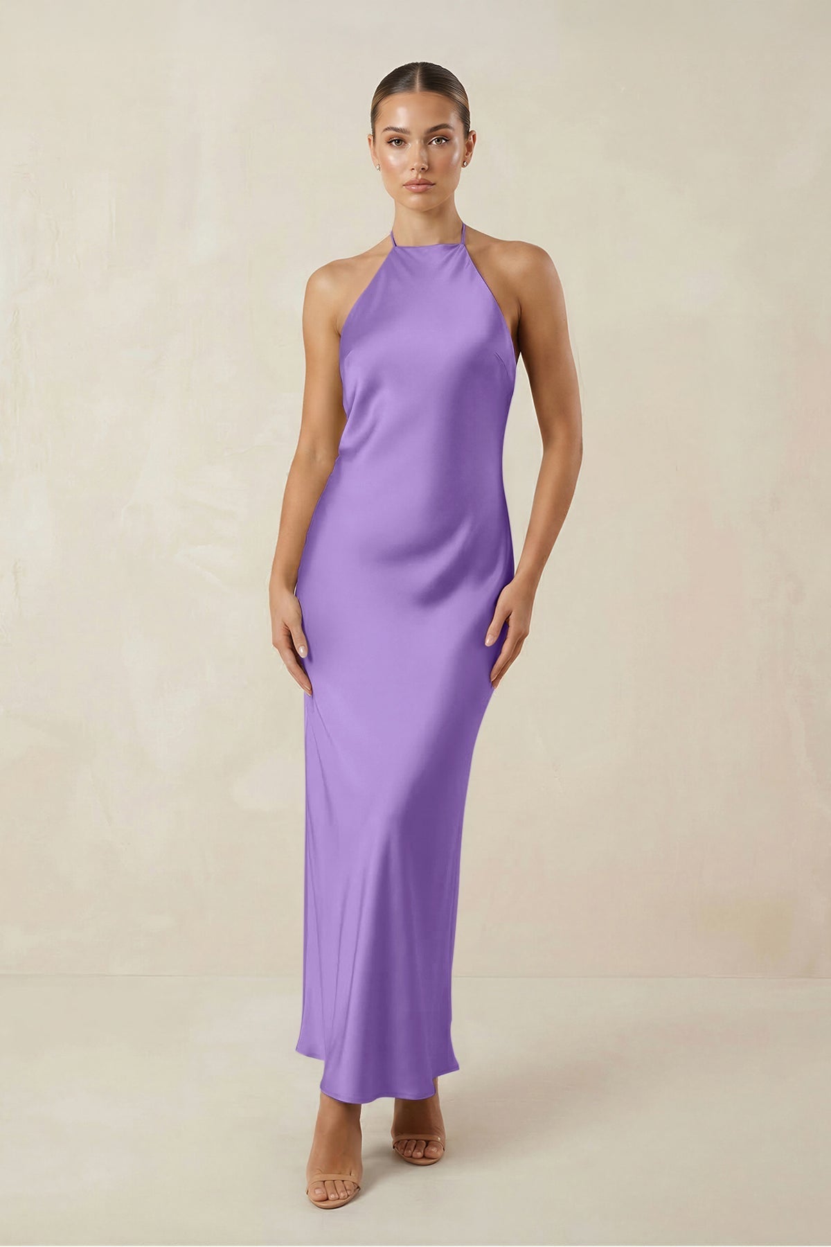 Halter Satin Sheath Midi Bridesmaid Dress in Lilac