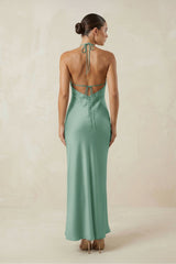 Halter Satin Sheath Midi Bridesmaid Dress in Mint Green