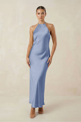 Halter Satin Sheath Midi Bridesmaid Dress in Mist