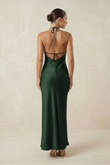 Halter Satin Sheath Midi Bridesmaid Dress in Moss