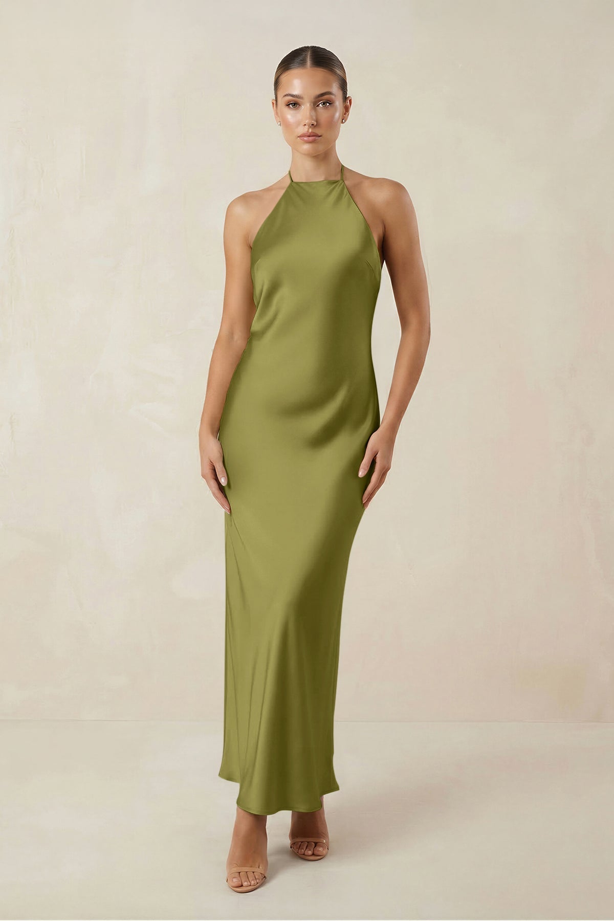 Halter Satin Sheath Midi Bridesmaid Dress in Moss Green