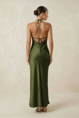 Halter Satin Sheath Midi Bridesmaid Dress in Olive