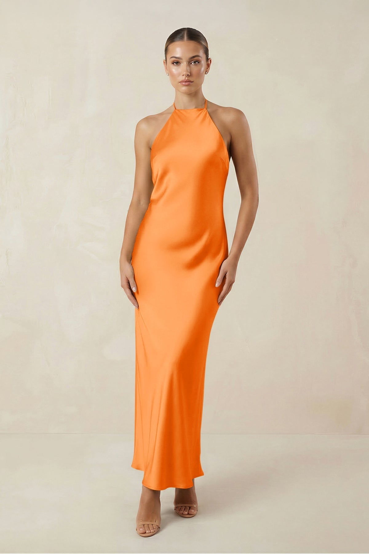 Halter Satin Sheath Midi Bridesmaid Dress in Orange