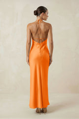 Halter Satin Sheath Midi Bridesmaid Dress in Orange