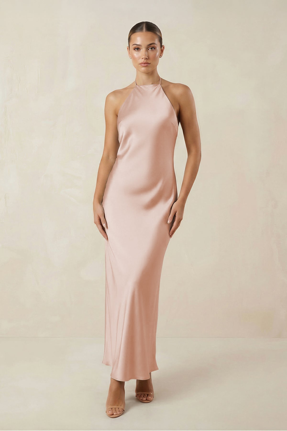 Halter Satin Sheath Midi Bridesmaid Dress in Pale Blush