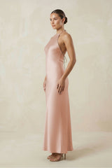 Halter Satin Sheath Midi Bridesmaid Dress in Pale Blush