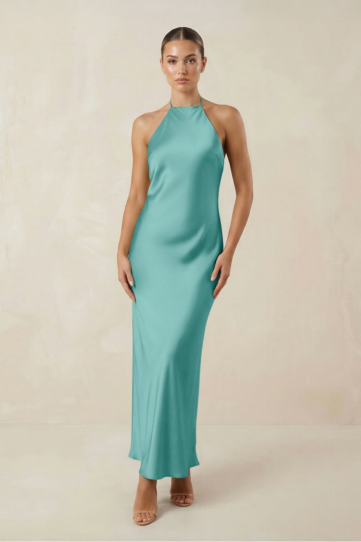 Halter Satin Sheath Midi Bridesmaid Dress in Pale Pistachio