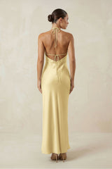 Halter Satin Sheath Midi Bridesmaid Dress in Pastel Yellow