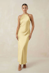 Halter Satin Sheath Midi Bridesmaid Dress in Pastel Yellow