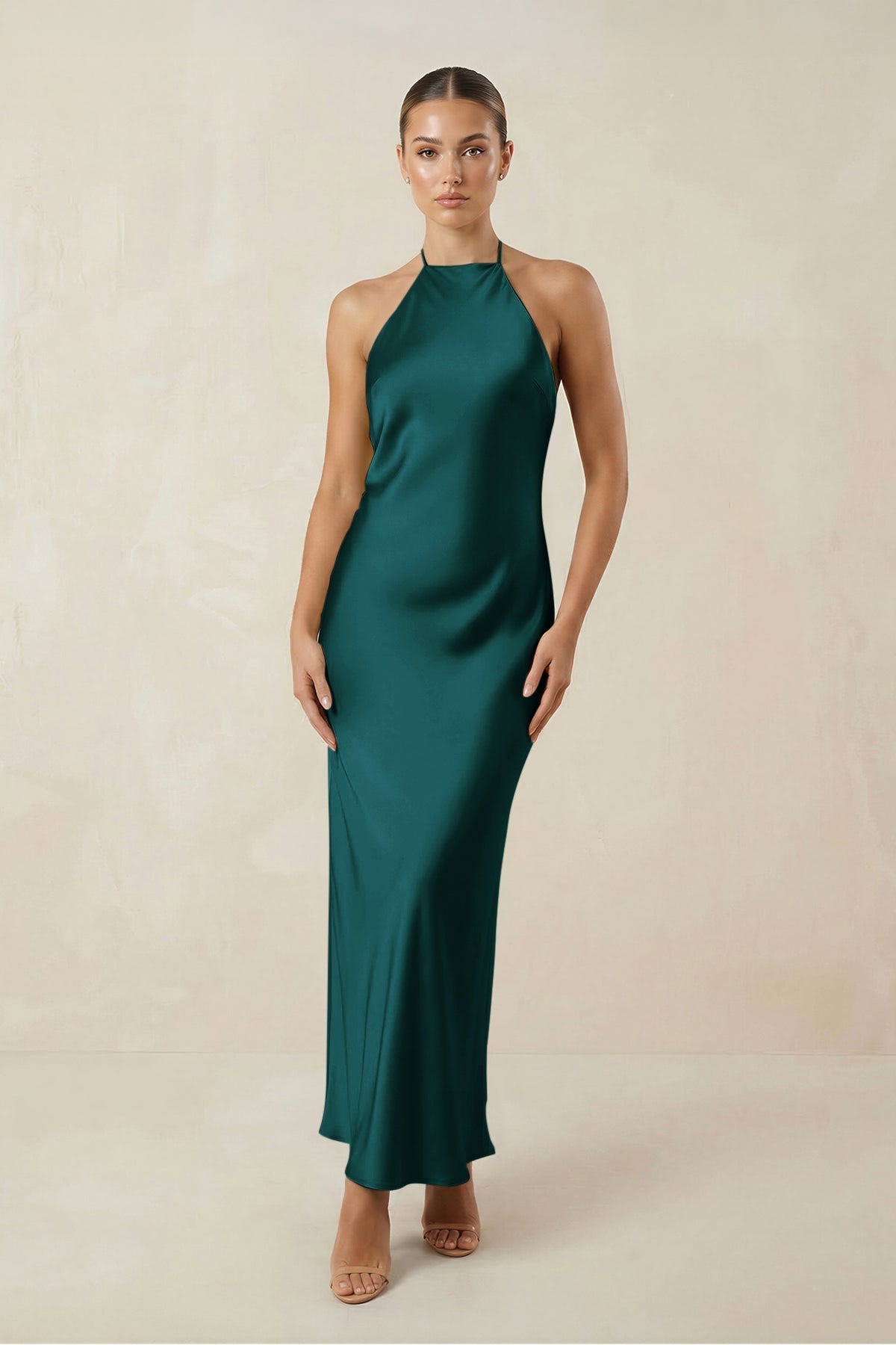 Halter Satin Sheath Midi Bridesmaid Dress in Pine