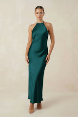Halter Satin Sheath Midi Bridesmaid Dress in Pine