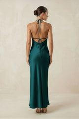 Halter Satin Sheath Midi Bridesmaid Dress in Pine