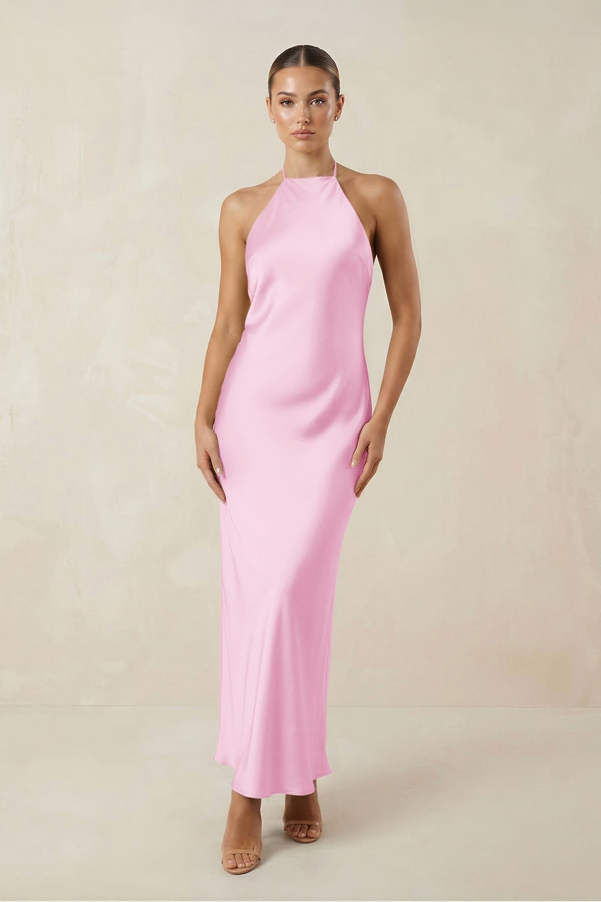 Halter Satin Sheath Midi Bridesmaid Dress in Pink