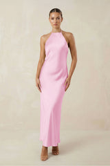 Halter Satin Sheath Midi Bridesmaid Dress in Pink