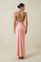 Halter Satin Sheath Midi Bridesmaid Dress in Rose Petal