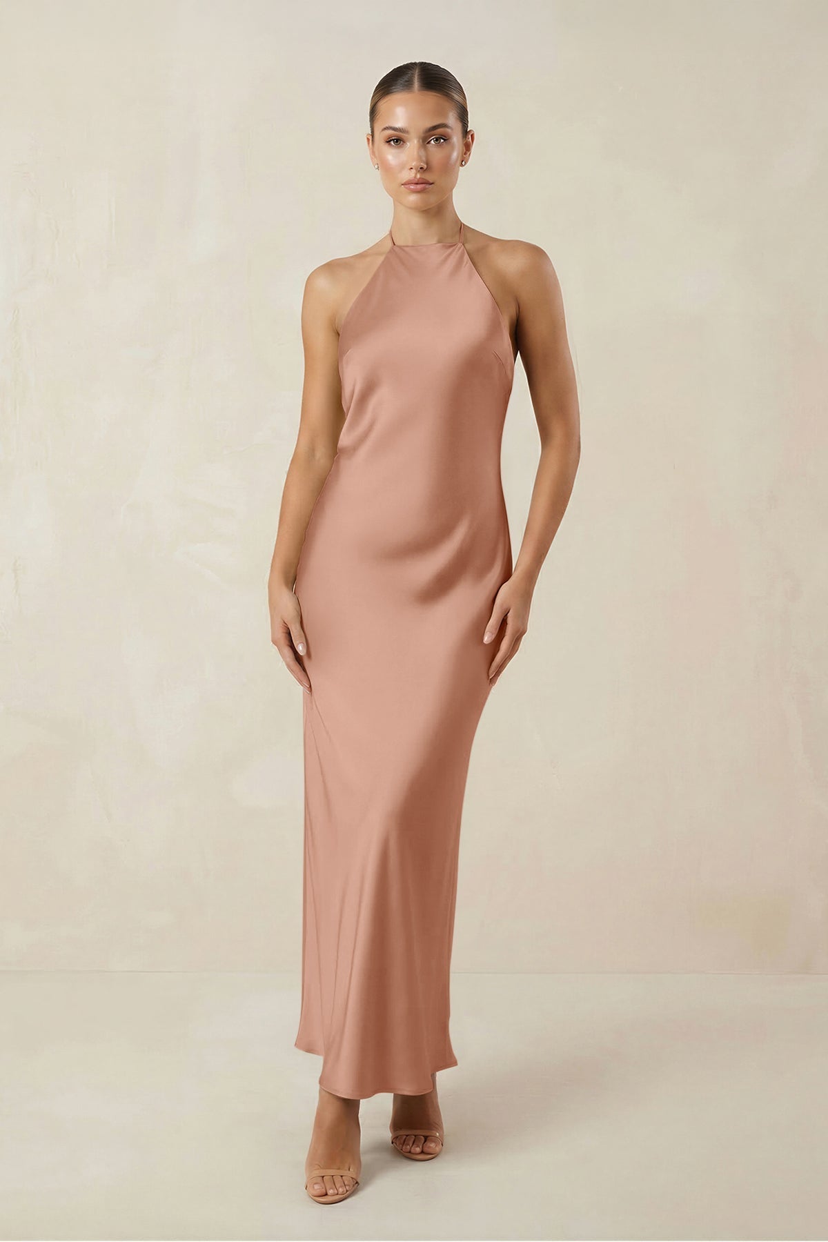 Halter Satin Sheath Midi Bridesmaid Dress in Rosette
