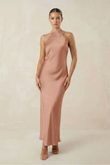 Halter Satin Sheath Midi Bridesmaid Dress in Rosette