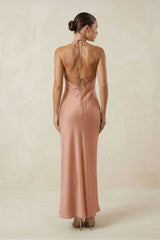 Halter Satin Sheath Midi Bridesmaid Dress in Rosette