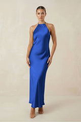 Halter Satin Sheath Midi Bridesmaid Dress in Royal Blue