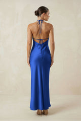 Halter Satin Sheath Midi Bridesmaid Dress in Royal Blue