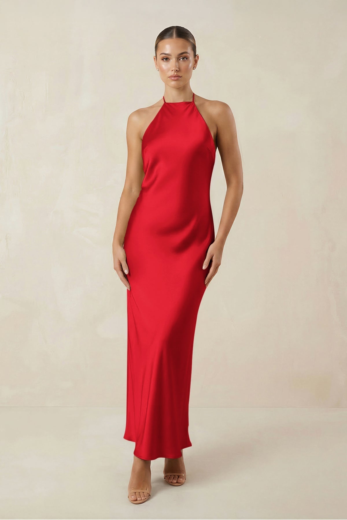 Halter Satin Sheath Midi Bridesmaid Dress in Ruby Red