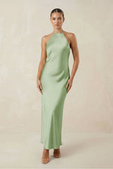 Halter Satin Sheath Midi Bridesmaid Dress in Sage