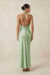 Halter Satin Sheath Midi Bridesmaid Dress in Sage