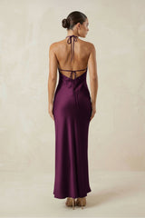 Halter Satin Sheath Midi Bridesmaid Dress in Sangria