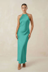 Halter Satin Sheath Midi Bridesmaid Dress in Sea Glass