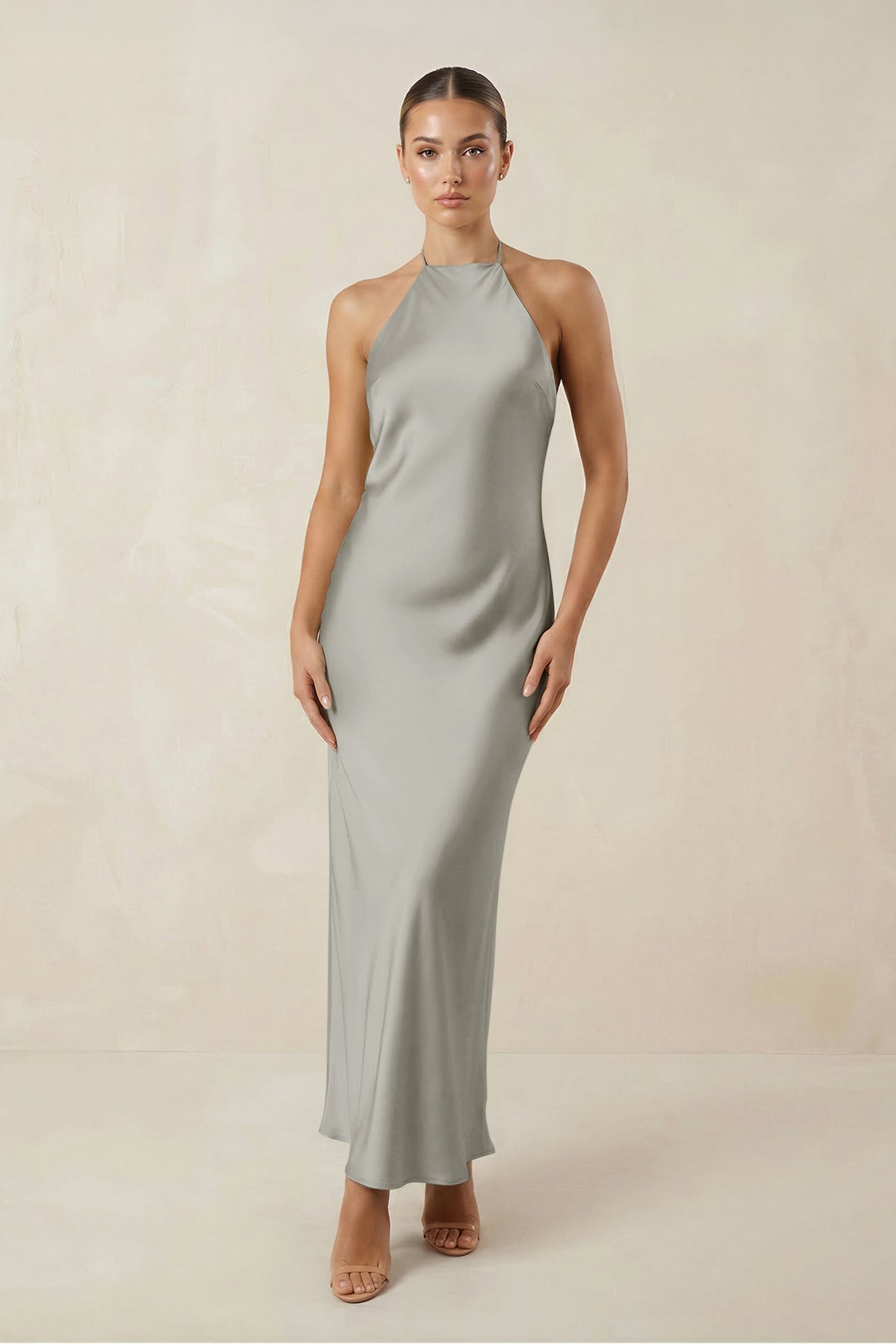 Halter Satin Sheath Midi Bridesmaid Dress in Silver