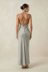Halter Satin Sheath Midi Bridesmaid Dress in Silver