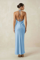 Halter Satin Sheath Midi Bridesmaid Dress in Sky Blue