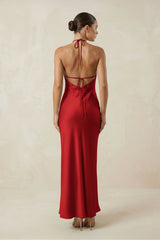 Halter Satin Sheath Midi Bridesmaid Dress in Spice